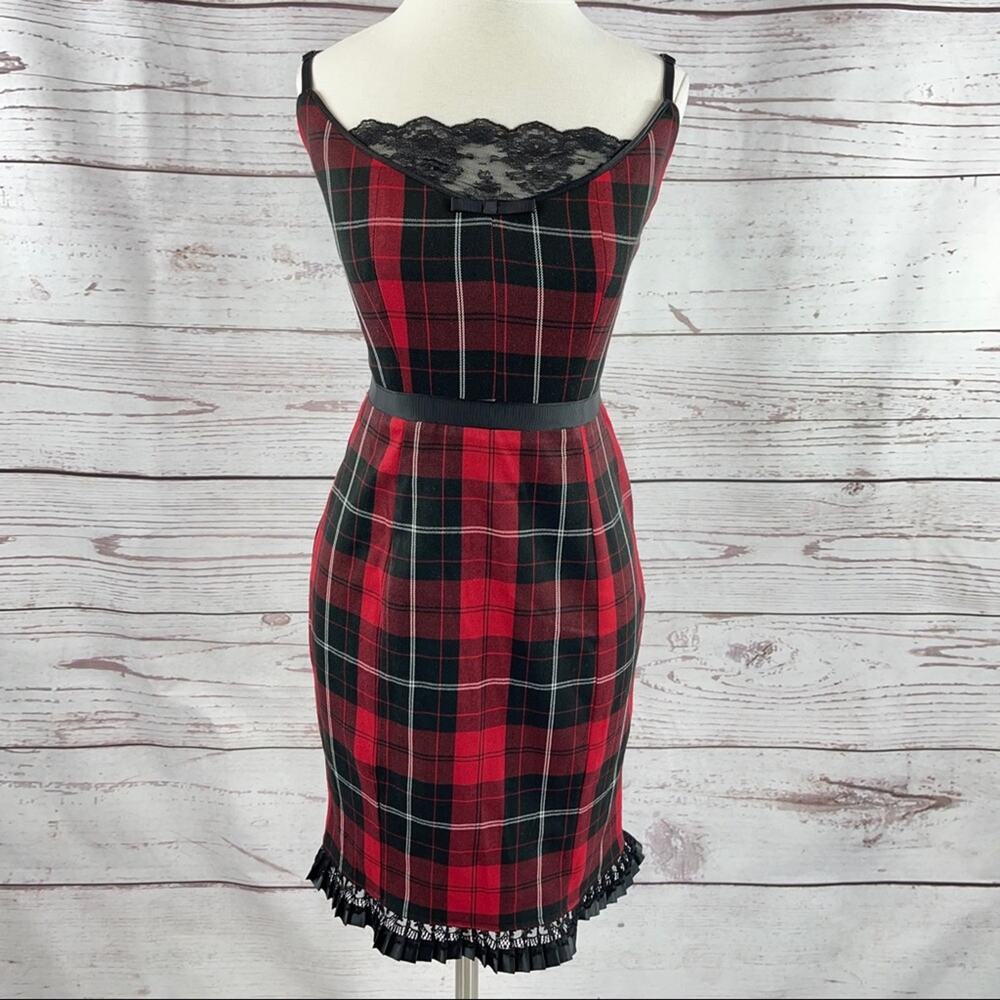 Arden B red and black plaid mini dress with lace and ribbon